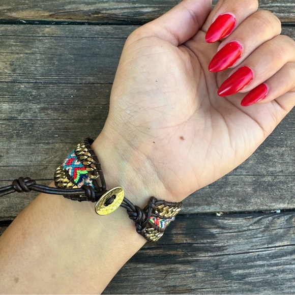 NWOT✨ Boho Western Colorful Macrame Gold Chain & Leather Friendship Bracelet - Picture 5 of 16